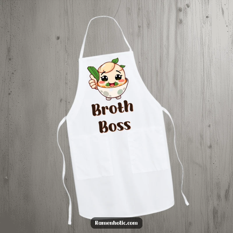 Funny apron showing a smiling ramen bowl character giving a thumbs up, a humorous and practical accessory for cooks.