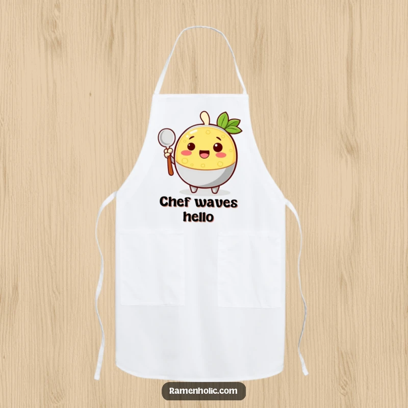 Funny cheerful broth character waving with a ladle on a cooking apron, adding humor and warmth to meal prep.