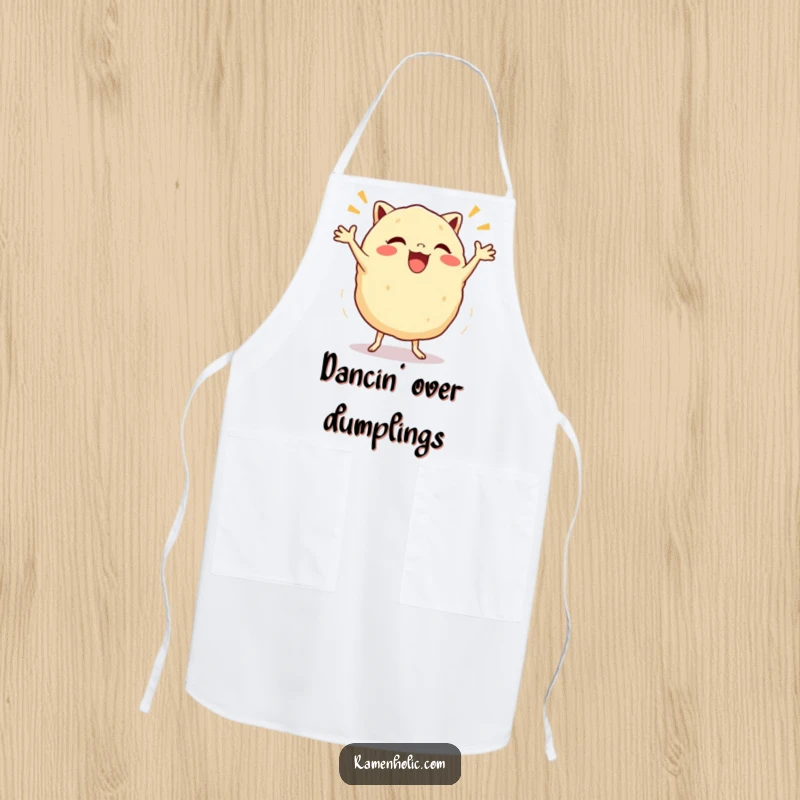 Funny Gyoza Jig Apron showing a happy dumpling character performing a lively jig while cooking, adding humor to the kitchen.