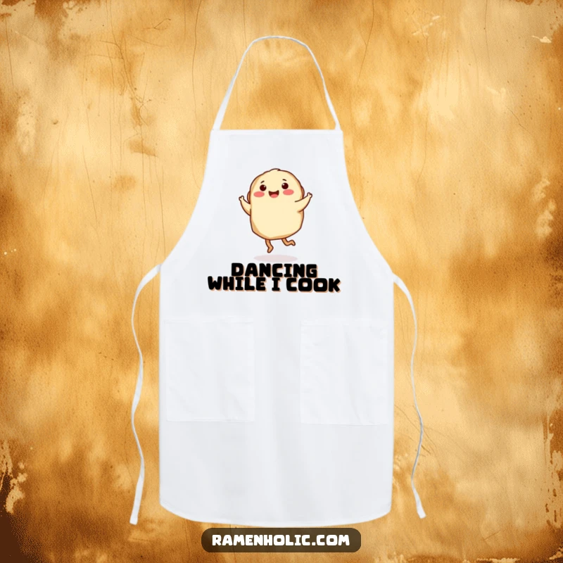 Funny Apron: A gyoza character with little legs performs a twirl, ready for kitchen fun and dance moves.