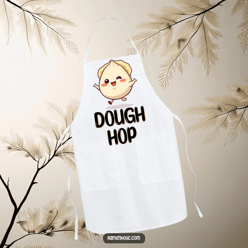 Funny smiling gyoza character hopping happily, pleats jiggling, on a durable kitchen apron.