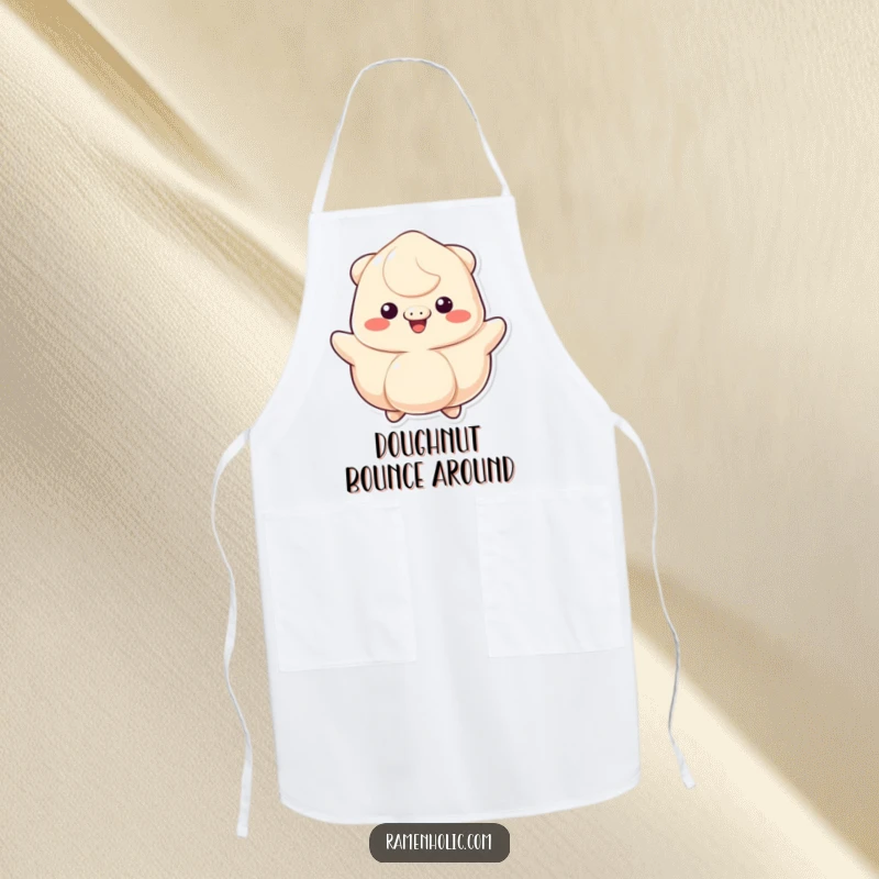 Funny kitchen apron featuring a happy bouncing dumpling with a wide grin, perfect for culinary fun.