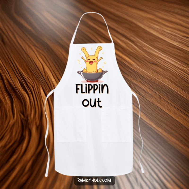 Funny tempura piece joyfully leaping out of a wok, on a durable kitchen apron.