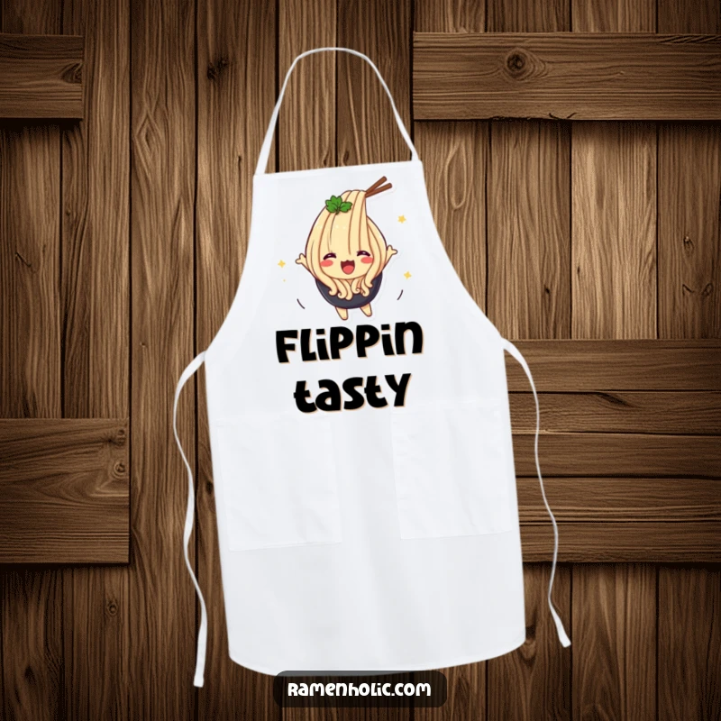 Funny Udon Flip Apron showing a happy udon noodle character performing a lively flip, adding humor to the kitchen.
