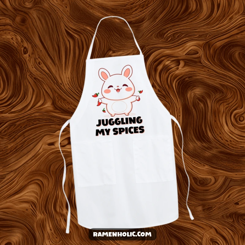 Funny apron depicting a playful bao bun juggling chili peppers, ideal for adding spice and fun to cooking.
