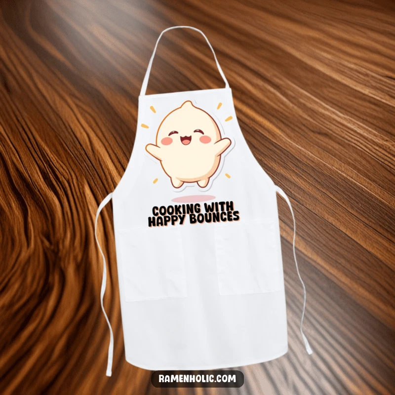 Funny mochi character apron, shown bouncing with laughter while ready for kitchen duty, bringing joy to cooking.