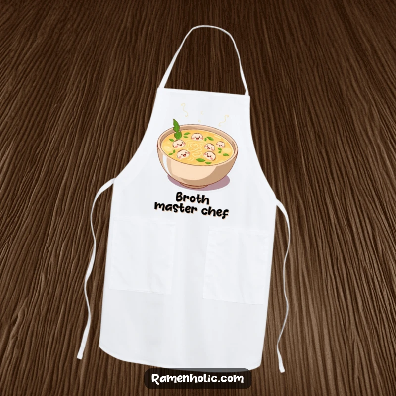 Funny apron featuring a plump bowl of broth bubbling with laughter and tiny noodle characters swimming, ideal for joyful cooking.