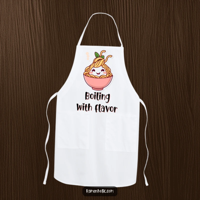 Funny apron depicting a cheerful noodle character rising from steam, perfect for adding joy to cooking.