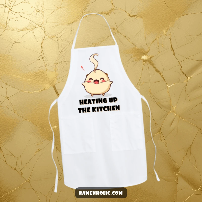 Funny gyoza steam apron, keeping chefs clean with a surprised character and steam, perfect for humorous cooking.