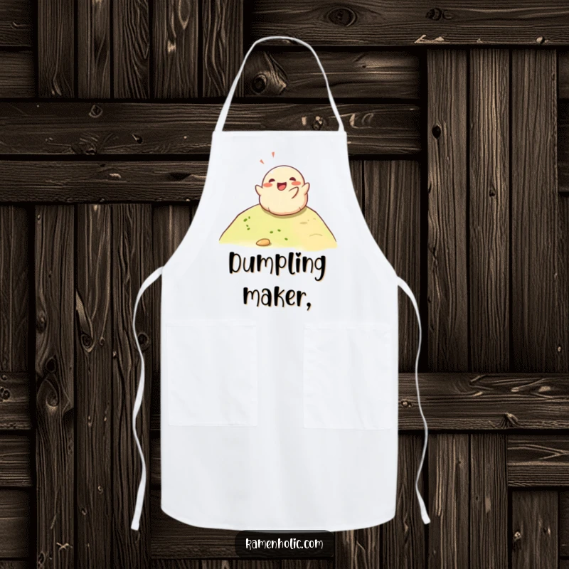 Funny happy dumpling rolling down a hill with glee, a humorous apron for cooking and kitchen adventures.