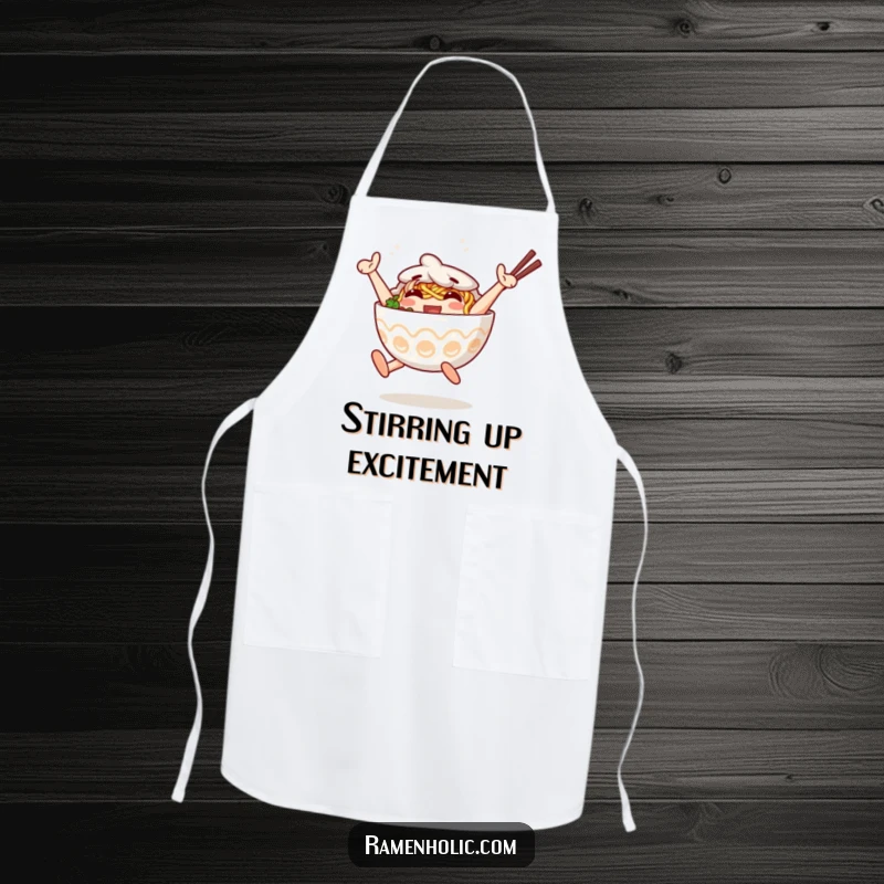Funny Apron of an anthropomorphic ramen bowl character jumping with joy. Great funny gift.