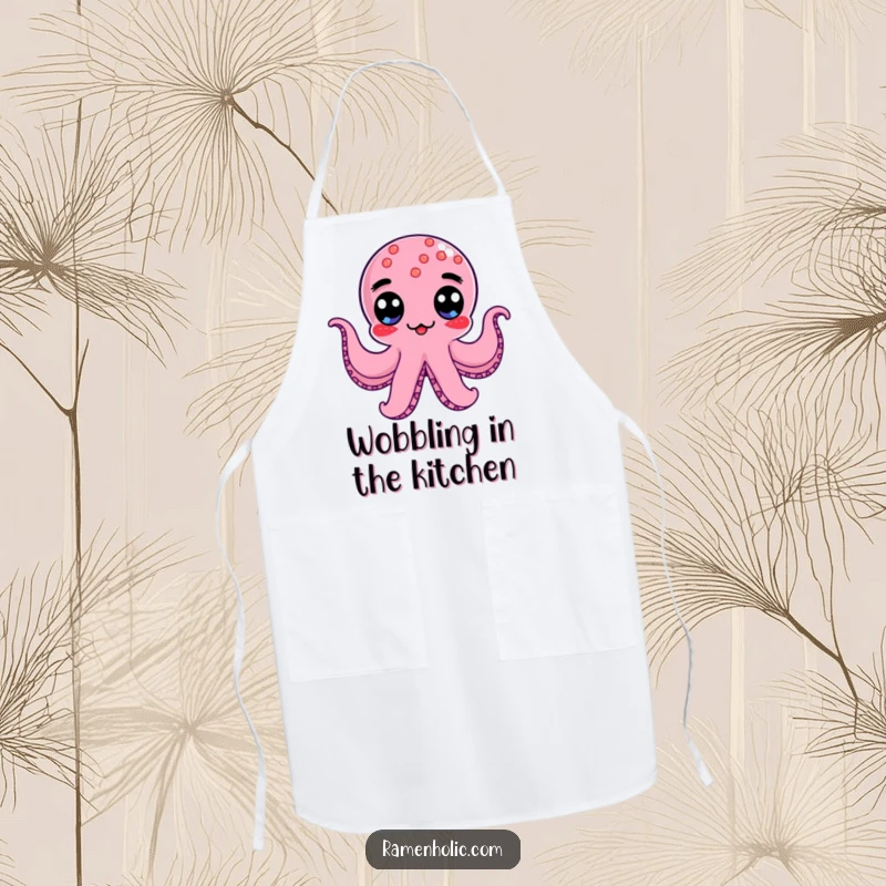 Funny Kawaii Octopus Wiener Apron for cooking, with a googly-eyed character wobbling, a great funny gift.