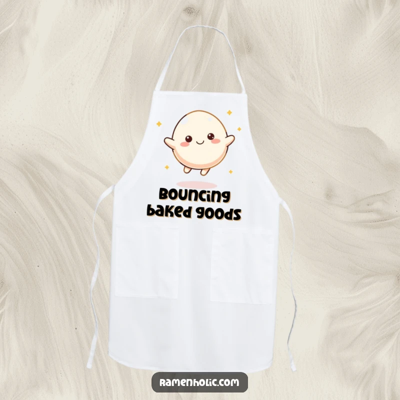Funny Mochi Bounce Apron showing a happy mochi character bouncing enthusiastically, adding humor to the kitchen.