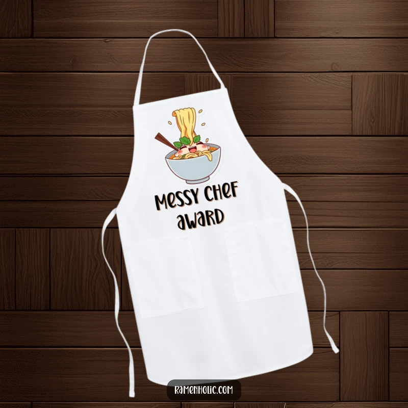 Funny apron with a happy ramen bowl character and splashing noodles, perfect for kitchen enthusiasts who love food humor.