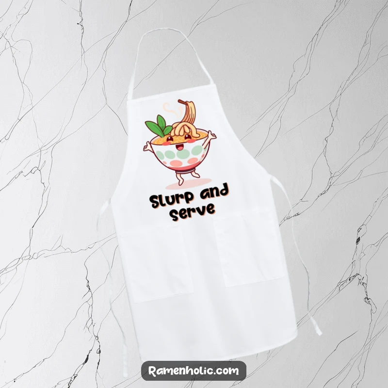 Funny apron with a cheerful ramen bowl character dancing, steam swirling, perfect for adding foodie whimsy to cooking.