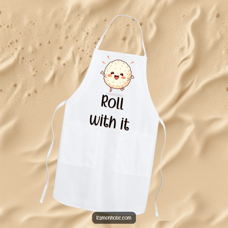 Funny rice ball apron, a cheerful character doing a celebratory hop while cooking, adding humor to meal prep.