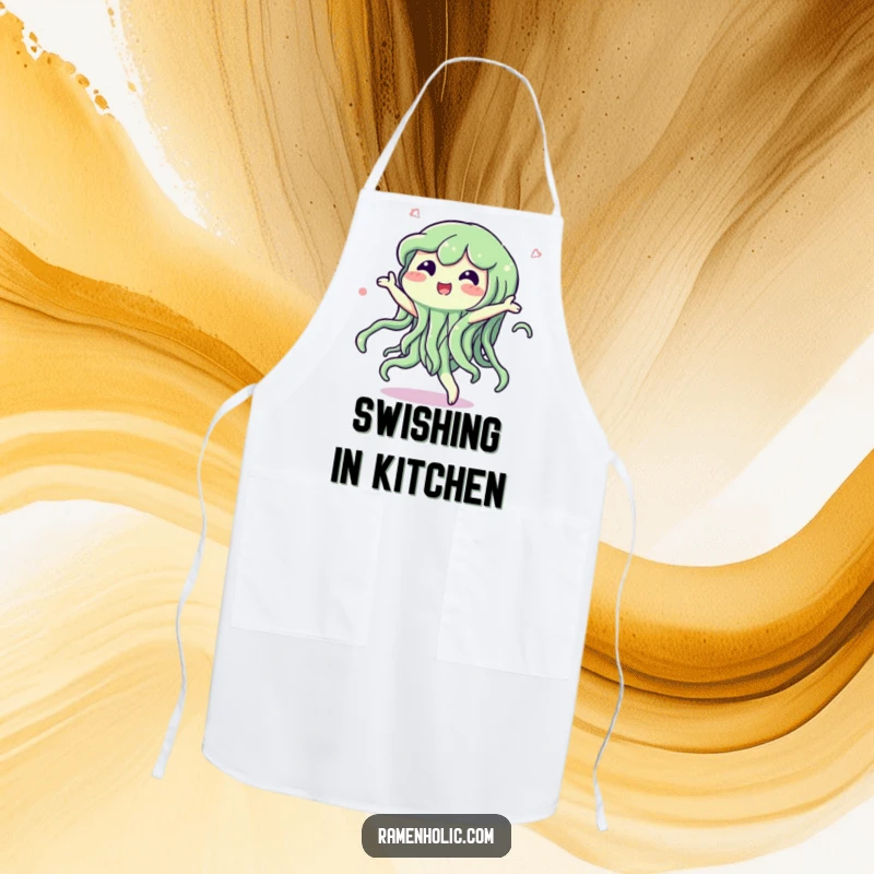 Funny apron showcasing a happy seaweed character dancing with a swish, adding a splash of fun to cooking.