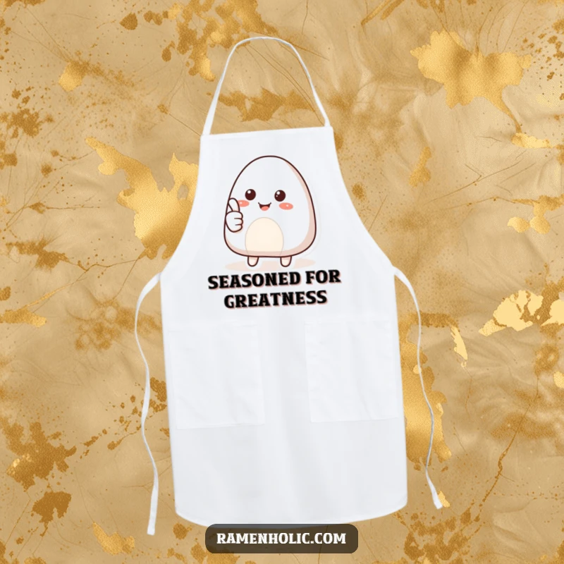Funny apron featuring a smiling onigiri character giving a thumbs up, bringing positivity and culinary cheer to the kitchen.