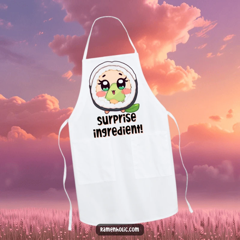 Funny apron for cooking, featuring a surprised sushi roll with wide eyes and blush, adding humor to the kitchen.