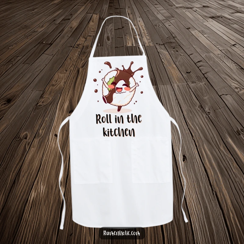 Funny apron featuring a cheerful sushi roll doing a cartwheel with soy sauce splashing, ideal for fun cooking and cartoon humor.