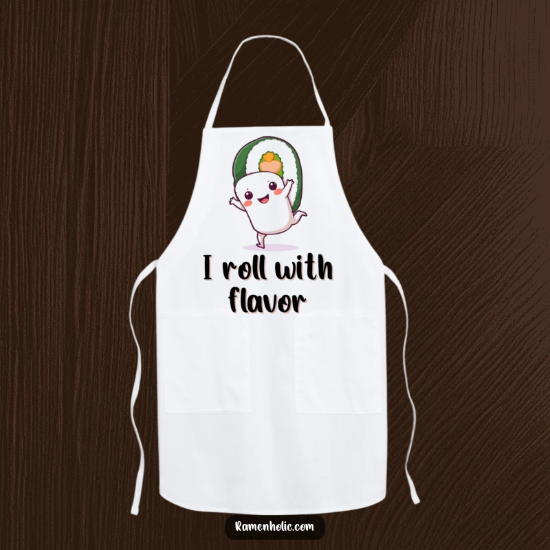 Funny Sushi Roll Apron: A smiling sushi character performing a cartwheel while cooking, adding humor to the kitchen.