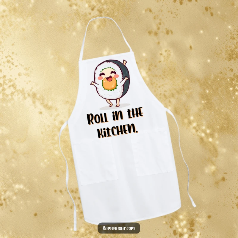 Funny sushi roll character performing a cartwheel, a vibrant and humorous apron for chefs and home cooks, adding joy to meal prep.