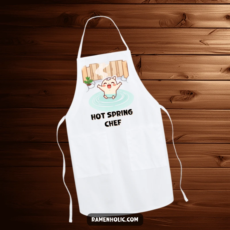 Funny apron with a kawaii miso soup character joyfully leaping into a hot spring, adding a relaxing and cute element to cooking.