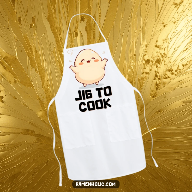 Funny apron featuring a plump dumpling character doing a happy jig, steam rising, ideal for joyful cooking and kitchen humor.