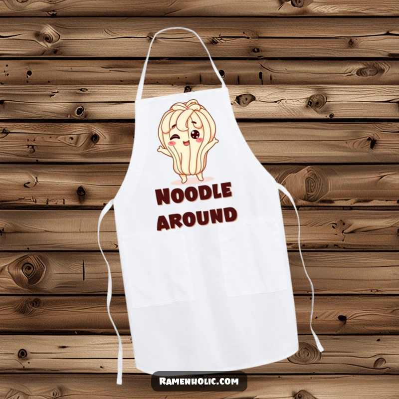 Funny udon noodle apron, a happy character doing a wiggly jiggle while cooking, adding flexibility and humor.