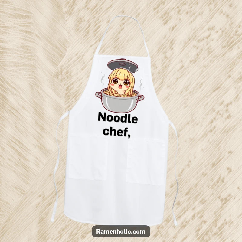 Funny noodle character peeking out of a boiling pot with wide eyes, a humorous apron for cooking and kitchen activities.