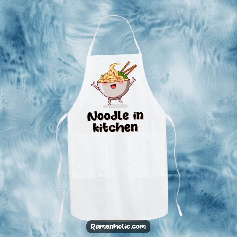Funny apron featuring a smiling bowl of noodles dancing with chopsticks waving like arms, ideal for joyful cooking and cartoon humor.