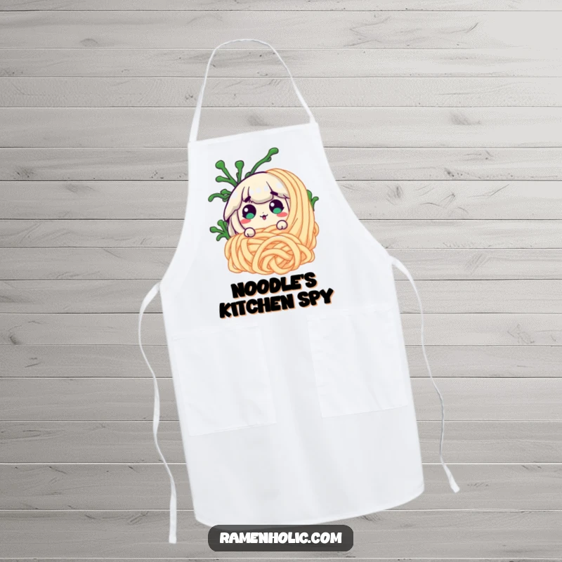 Funny surprised seaweed peeking from behind a noodle on a cooking apron, adding humor to meal preparation.