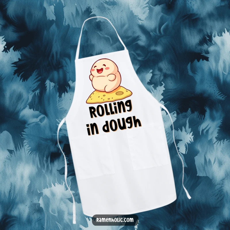 Funny apron depicting a smiling dumpling rolling down a hill, ideal for adding joy to cooking tasks.