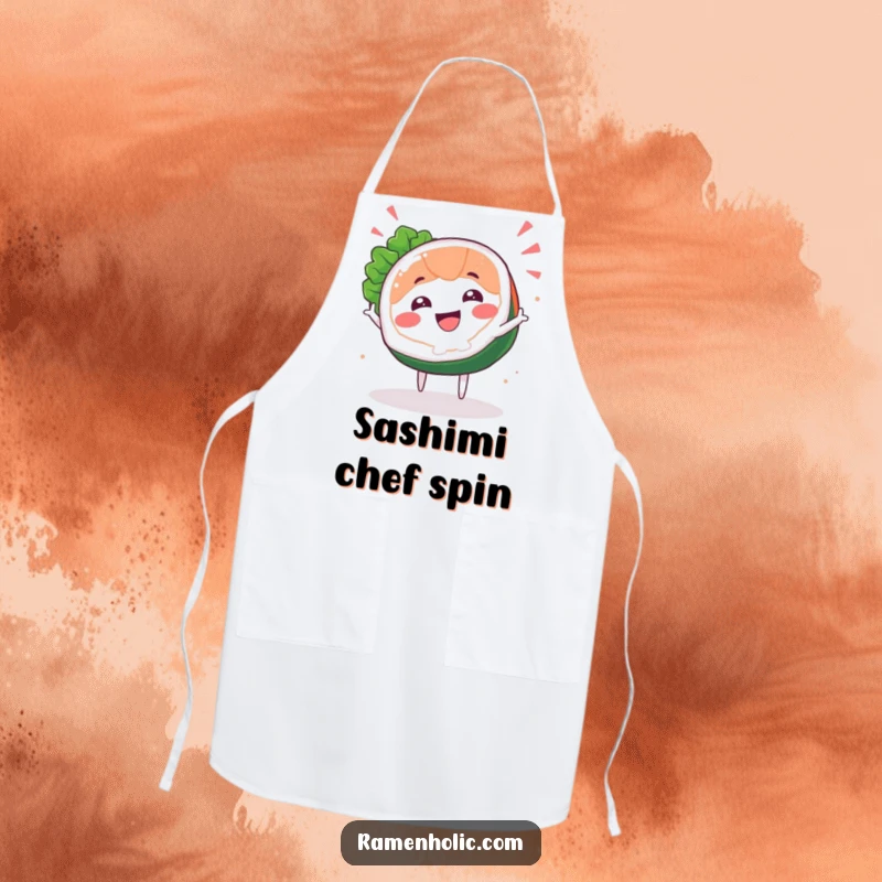 Funny Sashimi Spin Apron showing a happy sashimi slice character performing a lively spin, adding humor to the kitchen.