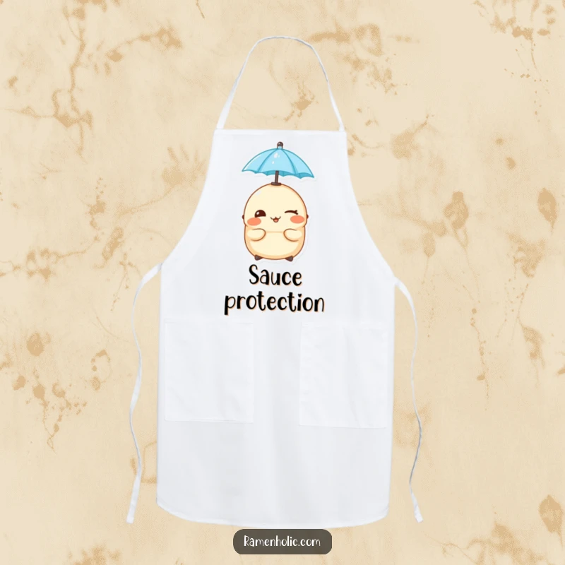 Funny cheeky dumpling winking while balancing a tiny umbrella on its head, on a durable kitchen apron.