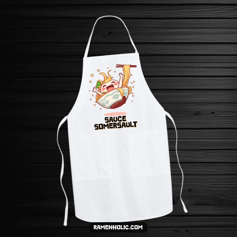 Funny ramen bowl character doing a happy somersault, broth splashing, on a durable kitchen apron.
