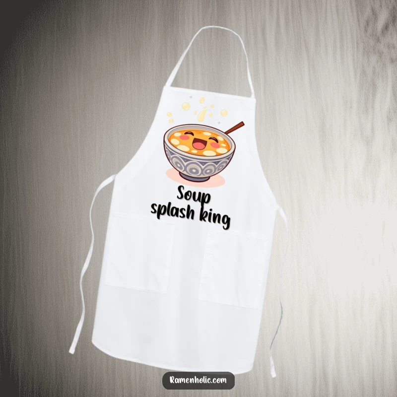 Funny happy miso soup bowl overflowing with bubbly laughter, on a durable kitchen apron.