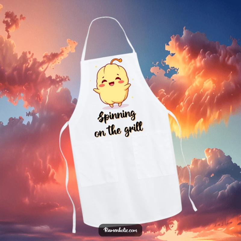 Funny kitchen apron featuring a tempura character in a joyful spin, perfect for adding energy to cooking.
