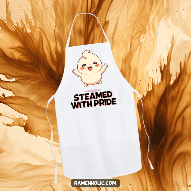 Funny apron design featuring a cheerful dumpling character leaping with joy, adding a playful and humorous touch to kitchen wear.