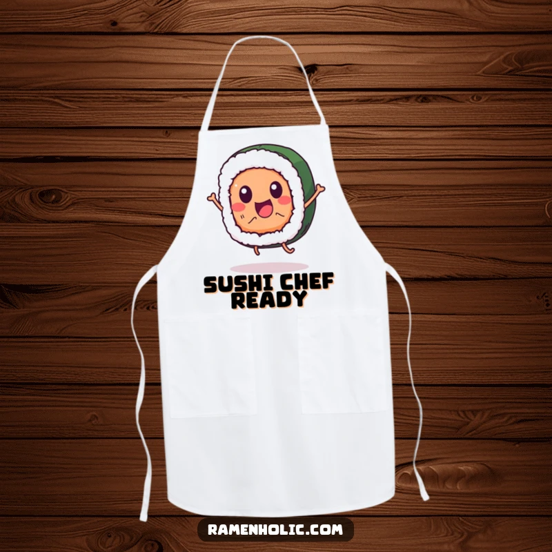 Funny sushi roll character apron, jumping happily, adding a playful and humorous element to kitchen wear.