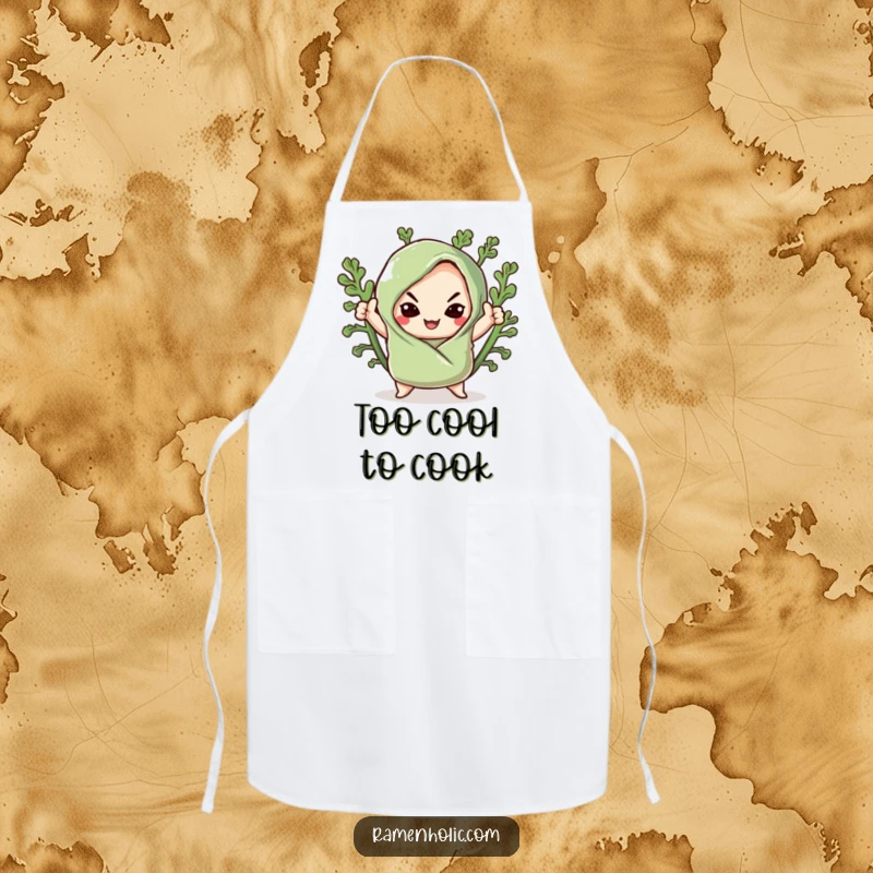 Funny apron with a kawaii seaweed wrap striking a dramatic pose with a smug smile, perfect for adding flair to cooking.