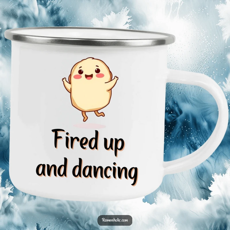 Funny Camping Mug: A gyoza character with little legs performs a joyful twirl, great for outdoor celebrations.