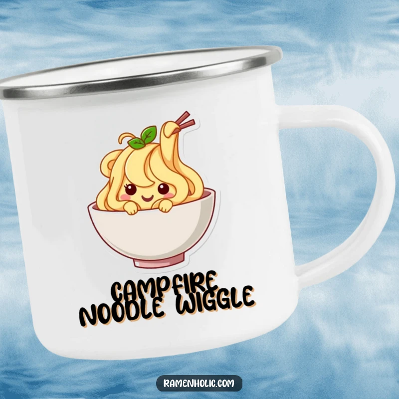Funny Noodle Camping Mug: A happy noodle character wiggling, ready for outdoor fun and lighthearted moments.