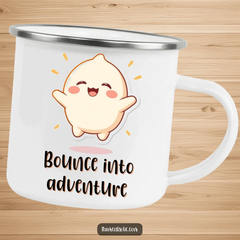 Funny mochi character camping mug, shown bouncing with infectious laughter, perfect for outdoor adventures and cheerful sipping.
