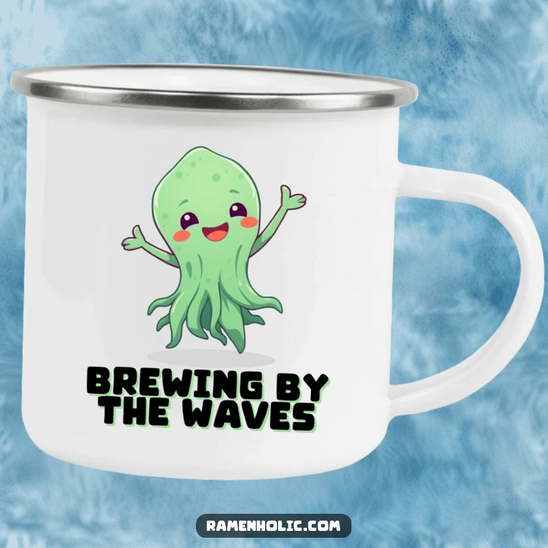Funny camping mug showcasing a seaweed character in a dance pose, perfect for enjoying beverages during outdoor escapades.