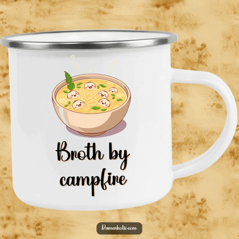 Funny camping mug featuring a plump bowl of broth bubbling with laughter and tiny noodle characters swimming, durable for outdoor fun.