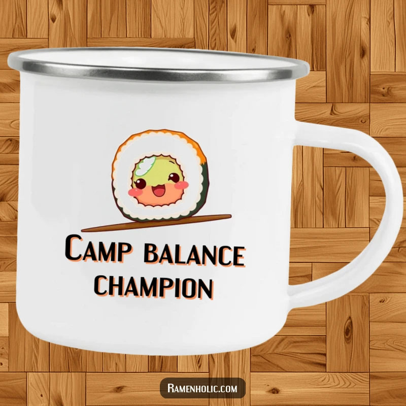 Funny sushi roll balancing on a chopstick, depicted on a durable camping mug for outdoor enjoyment and laughs.
