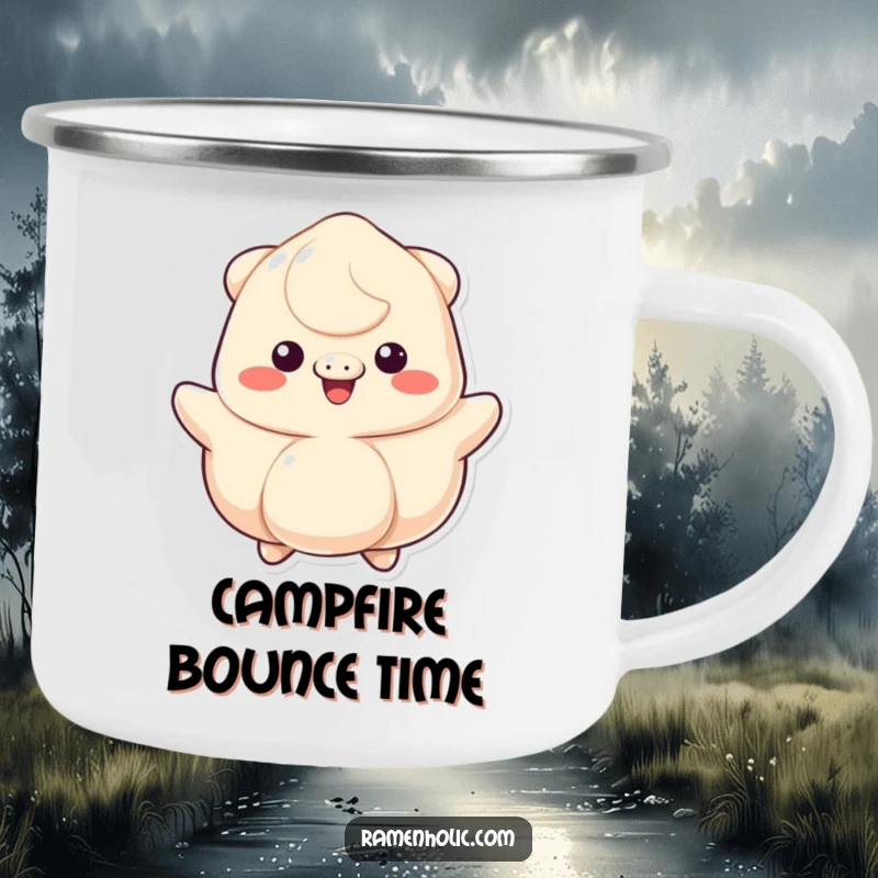 Funny camping mug with a bouncing dumpling character, cheerful grin, ready for outdoor adventures and happy sips.