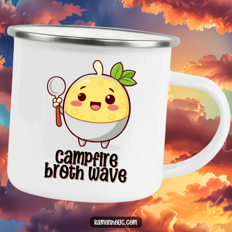 Funny cheerful broth character waving with a ladle on a camping mug, perfect for warm beverages during outdoor adventures.