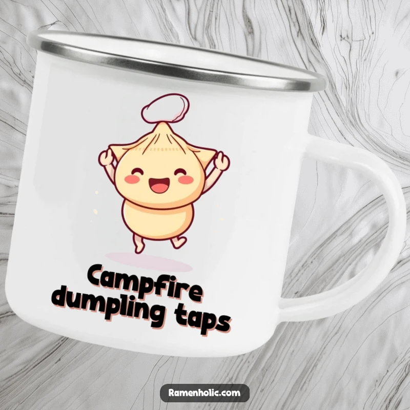 Funny camping mug featuring playful chopsticks bopping a happy dumpling, perfect for enjoying beverages outdoors with a smile.